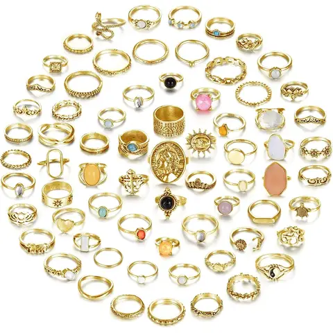 70 Pcs Vintage Crystal Ring Set for Women, Stackable Knuckle Rings 14K Gold Plated Ring Pack Snake Retro Boho Finger Rings, Multiple Size for Midi, Thumb, Joint, Knuckle, Stacking