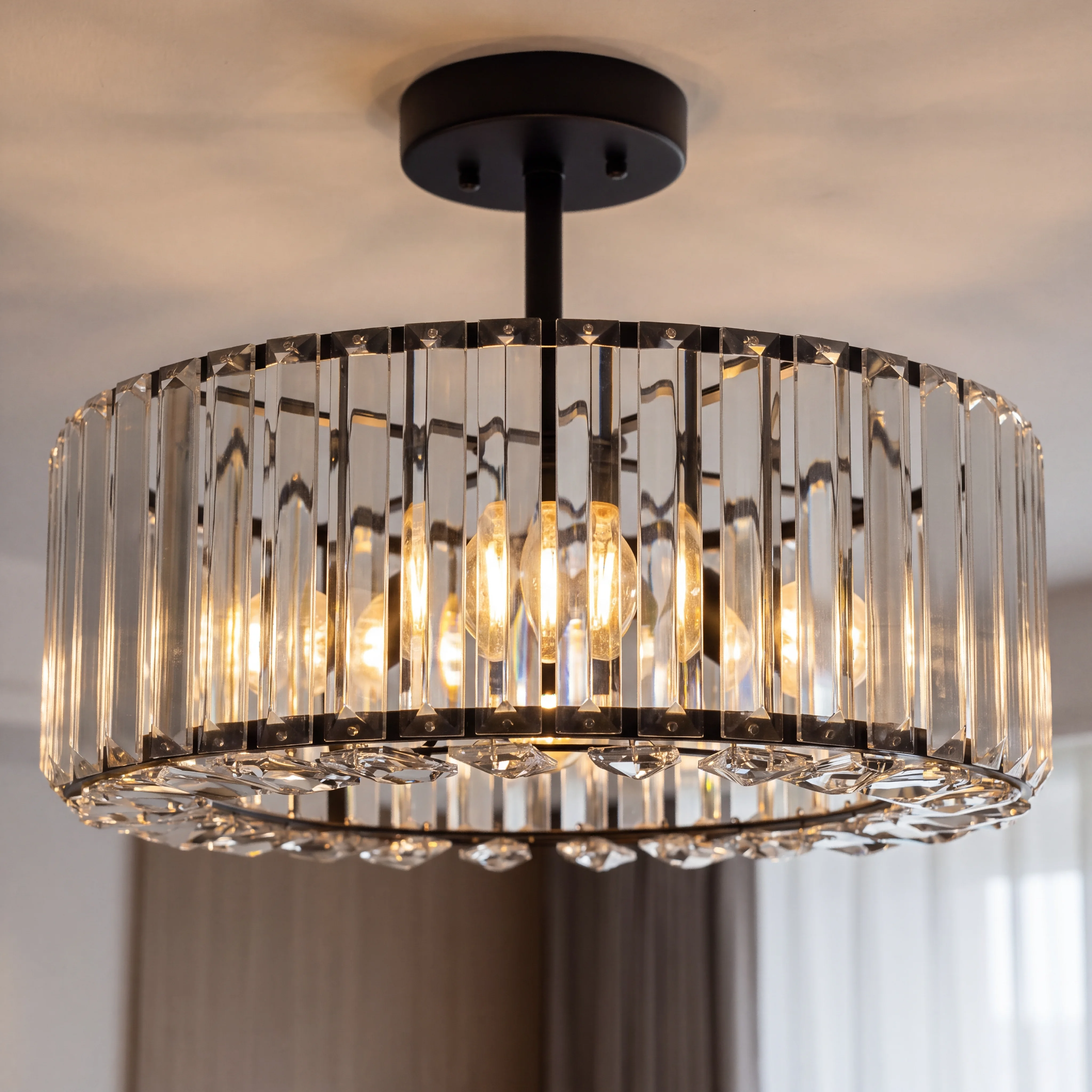Modern Black Crystal Ceiling Light, Round Flush Mount Dimmable Prism K9 Crystal Light Fixture-Kitchen Island Dining Room Hallway