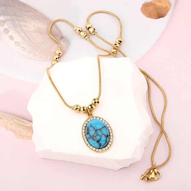 New Blue Stone Pendant Necklace for Women Gold Plated Turkish Middle East Bridal Chain Necklace Ethnic Wedding Accessory AliExpress