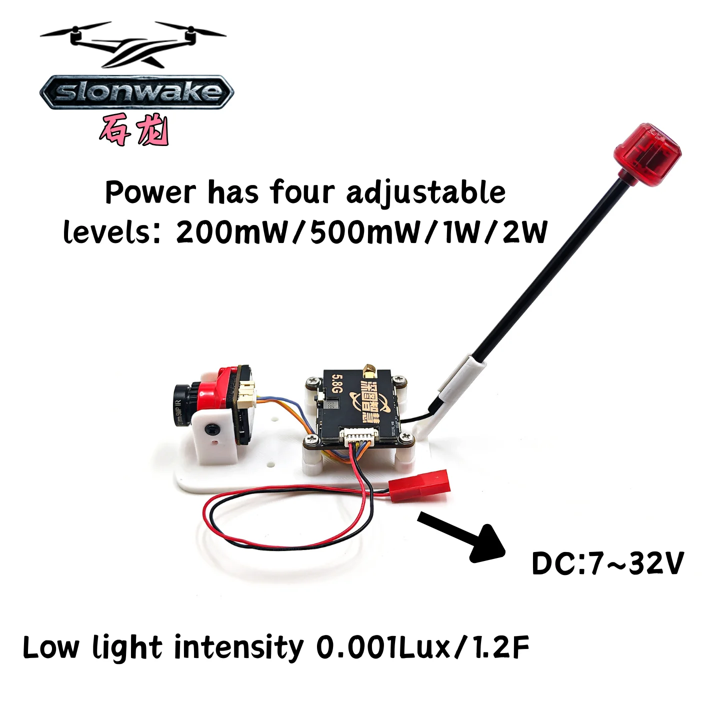 SLONWAKE 5.8G 2W analog Video Transmitter CVBS 1800TVL Camera With fixed support frame,for RC FPV Long Range Fixed-wing Drones.