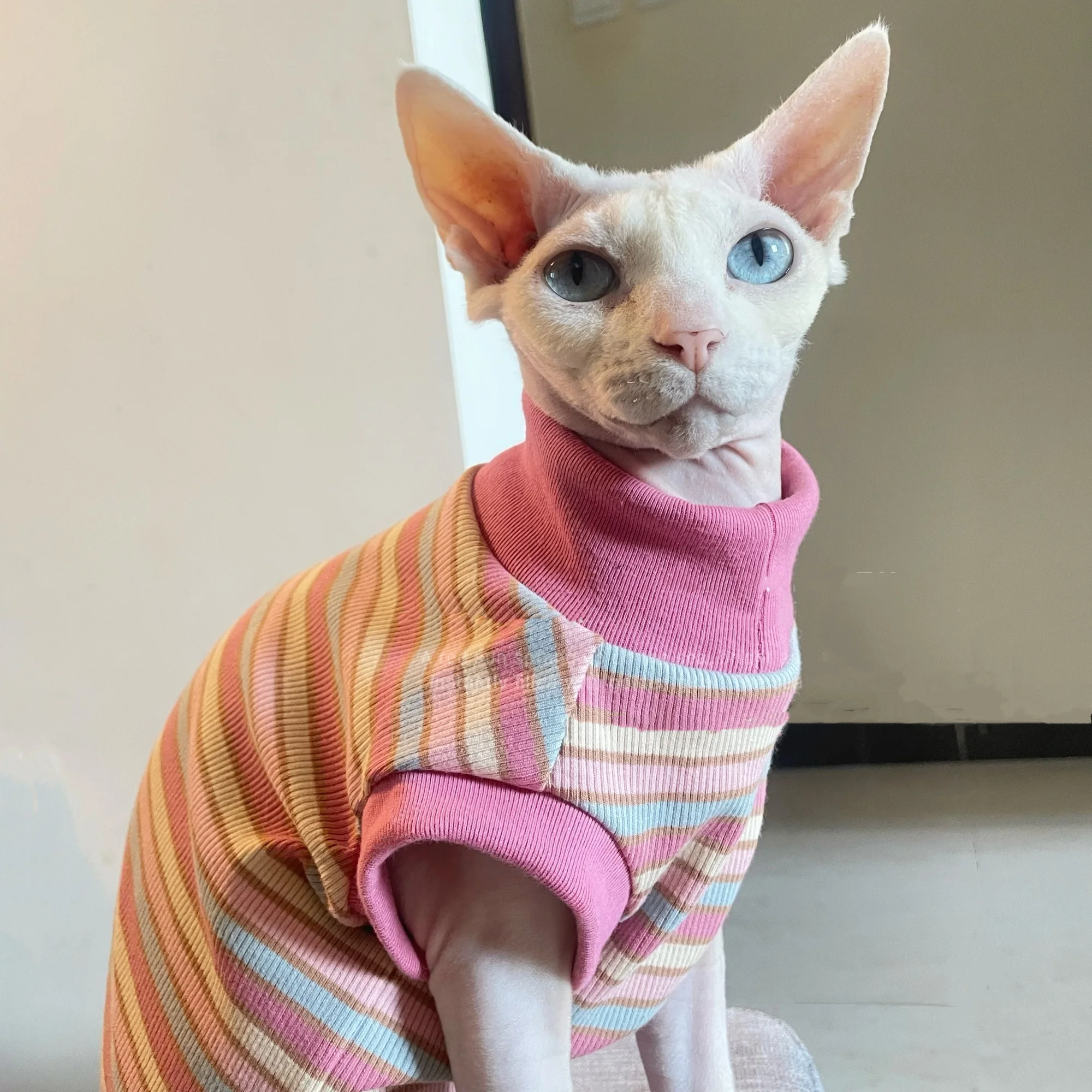 Belp Is Lovely New Year Bonus Cotton T-Shirt for Sphynx Cat Short Sleeved Pink Striped Coat for Kittens Cute Vest for Female Cat