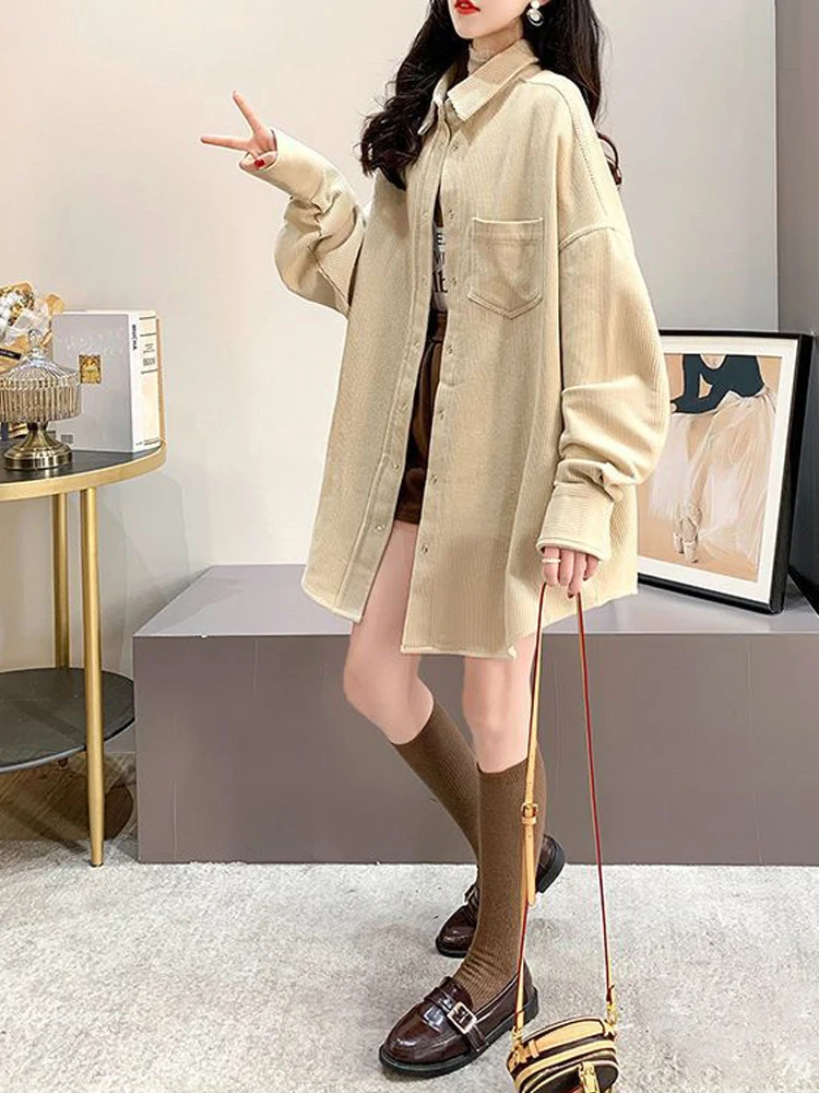 Damska gruba koszula sztruksowa z długim rękawem, luźna bluzka, ciepła zimowa odzież wierzchnia, codzienna odzież do pracy biurowej, płaszcz, beżowo-żółty