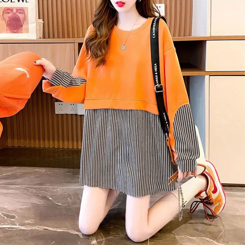 Patchwork listrado feminino com renda de grandes dimensões moletons, streetwear feminino, pulôver de manga comprida, túnica tops, moda coreana, Y2K