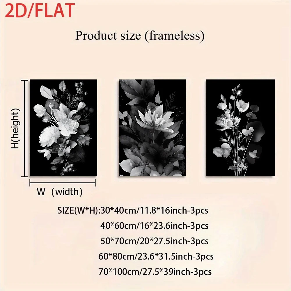 3PCS Large-sized frameless canvas paintings,1 set of triptych black and white flower frameless decorative paintings, modern and