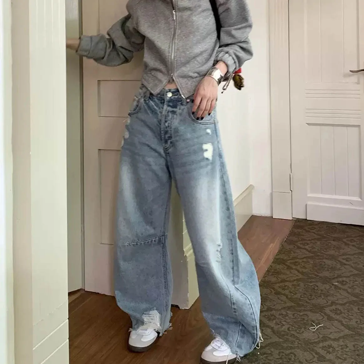 Firmranch 2025 American Pure Cotton Sky Bluewashed Niche Design Scimitar Casual Straight-leg Baggy Jeans High Street Denim Pant