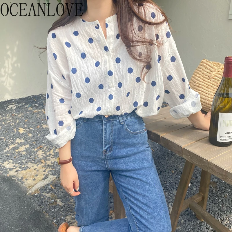 

OCEANLOVE Sweet Polka Dot Women Shirts&blouses Long Sleeve Spring Autumn Blusas Mujer Korean Fashion Casual Camisas