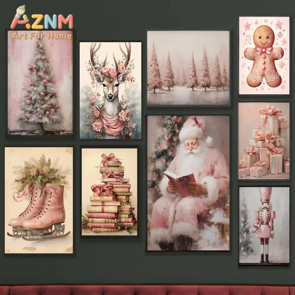 1PC Pink Santa Claus and Reindeer Canvas Print Skates Gingerbread Hut Christmas Wall Art Poster for Modern Living Room Decor