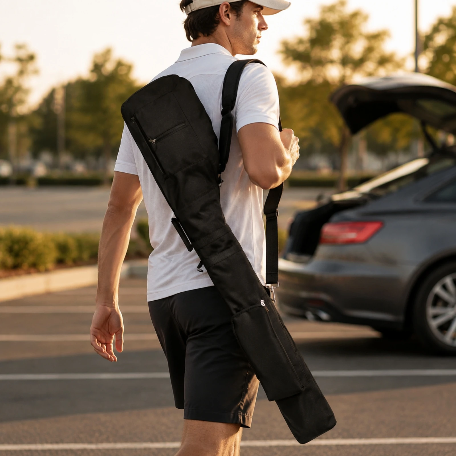 Foldable Golf Club Bag Adjustable Polyester Golf Bag with Shoulder Strap Padded Smooth Rolling Wheels for Driving Range