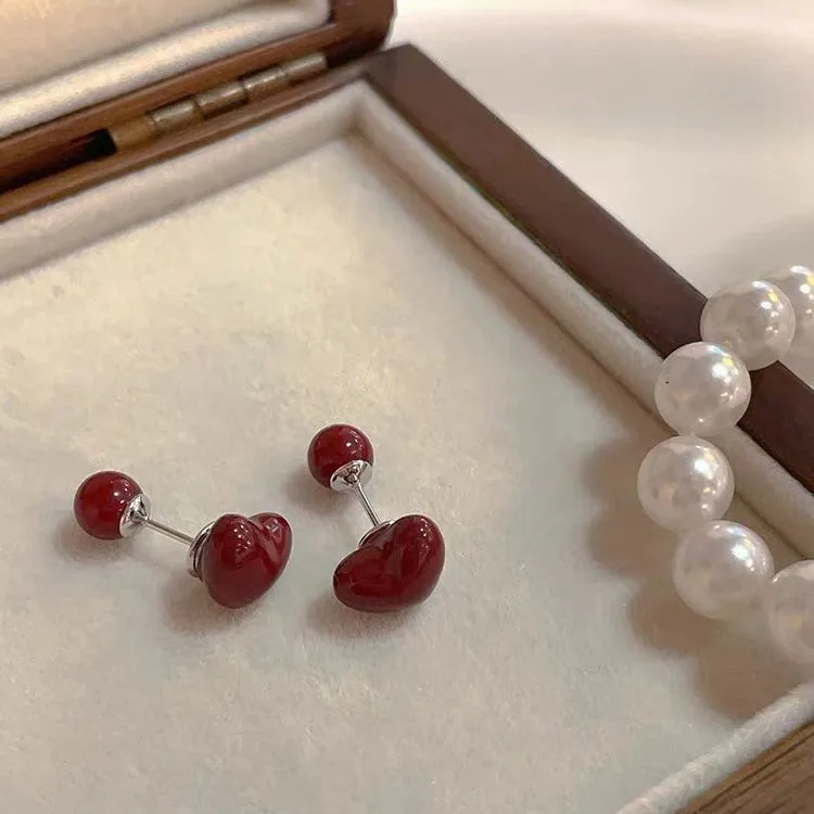 Love Cherry S925 Silver Needle Retro Autumn and Winter Burgundy Love Ball Double-sided Earrings