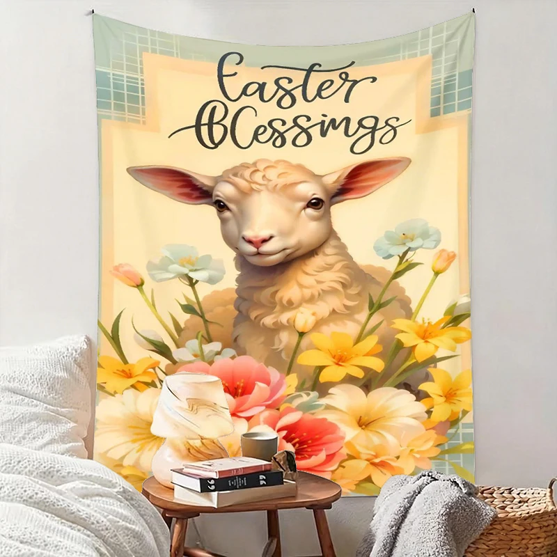 1PC Easter Lamb Flower Art Print Backdrop Banner, Bedroom Living Room Photo Background, Polyester, Home Decor, Wall Art