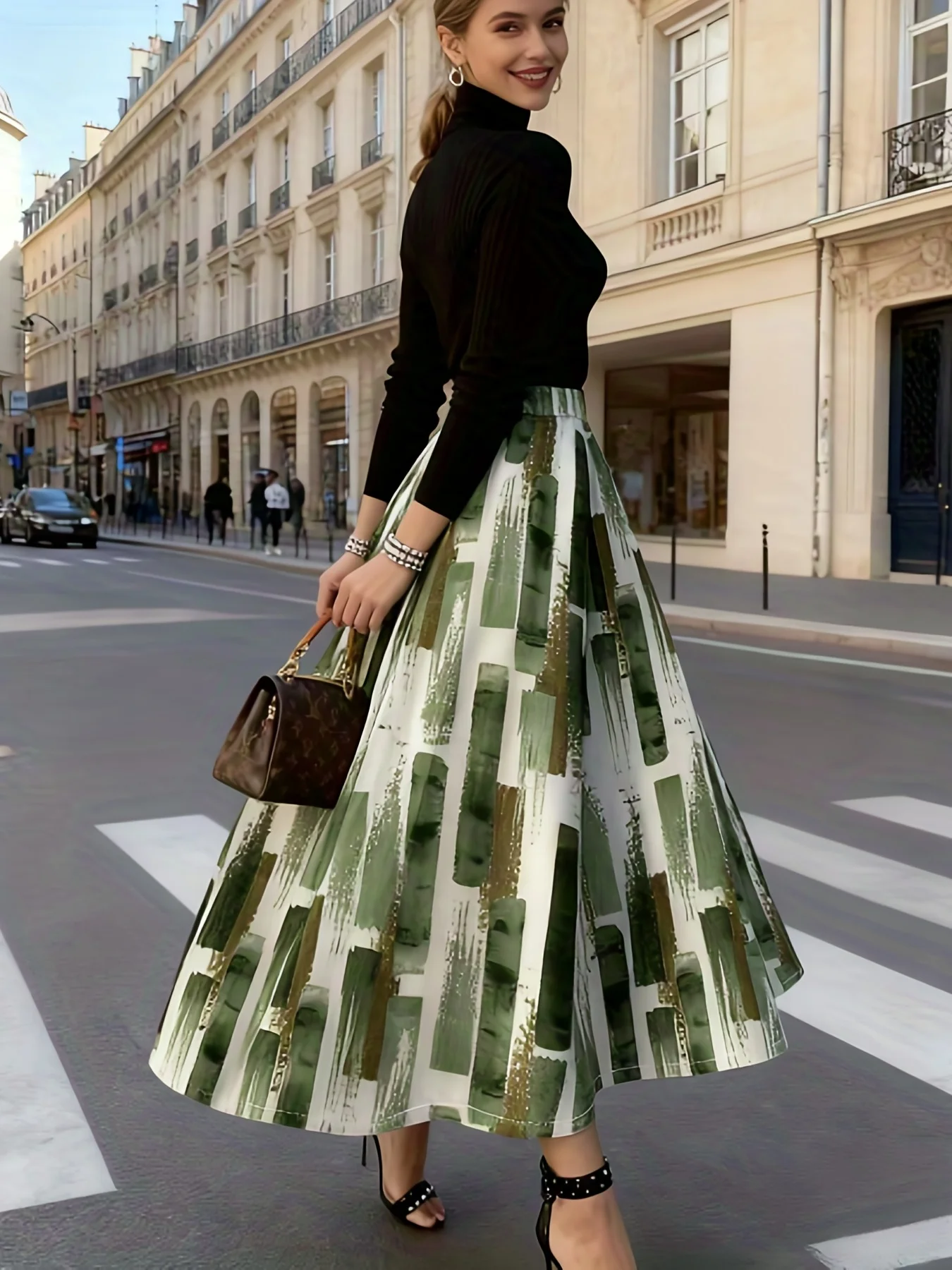 Vacation Style Green and White Abstract Print Midi Skirt for Women Summer Casual High Waist A Line Skirt Trendy Fashion Skirt