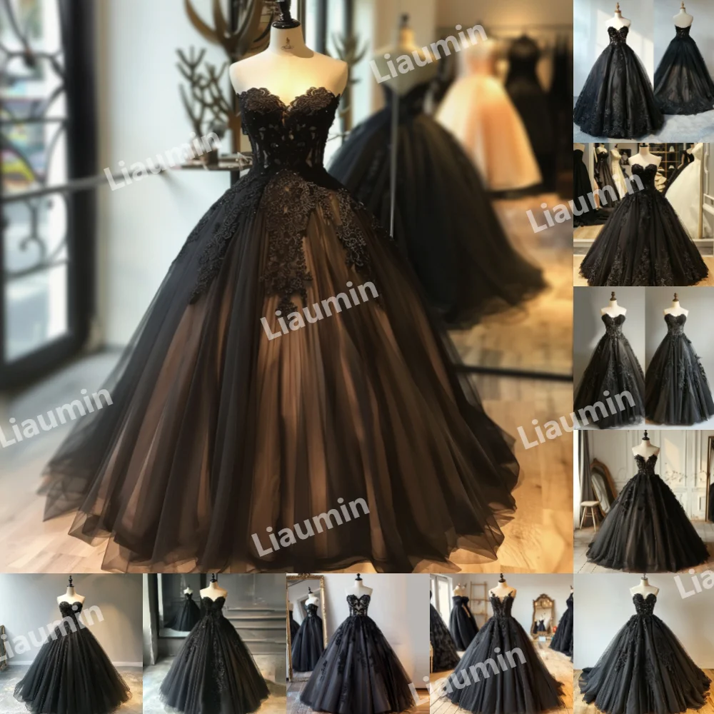 Black Tulle Lace Applique StrapLess Ball Gown Prom Formal Occasion Dress Evening Party Lace Up Back Custom Hand Made A3-2