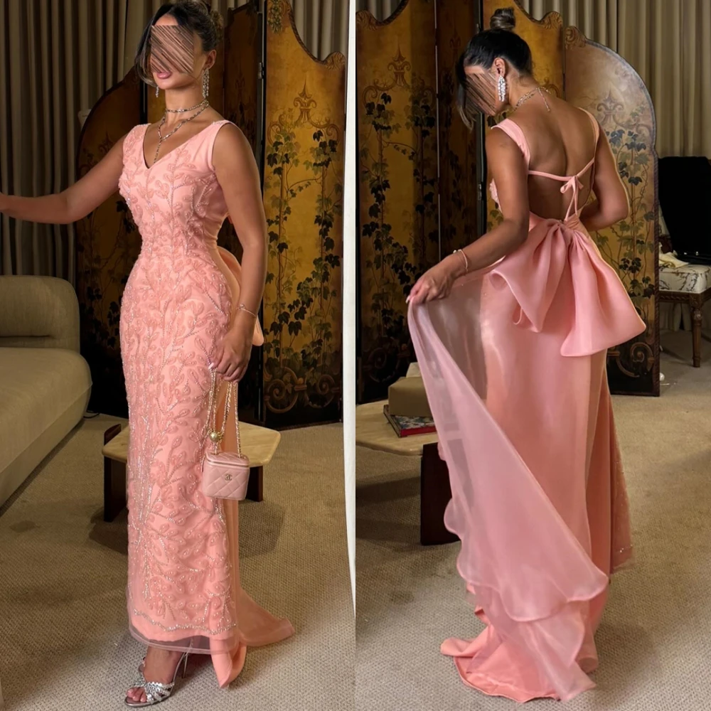 

Customized Elegant Pink Organza Evening Dress Classic V-Neck Sleeveless Party Dresses Delicate Crystal Beading Celebrity Gowns