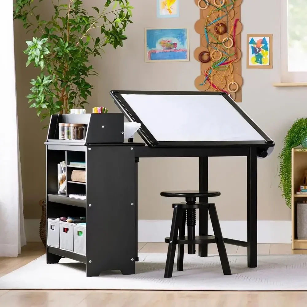 Design Studio – Black: 3-in-1 Kids Art Table & Stool Set, Writing, Crating, Painting & Drating Table or Kids with Crat Storage &