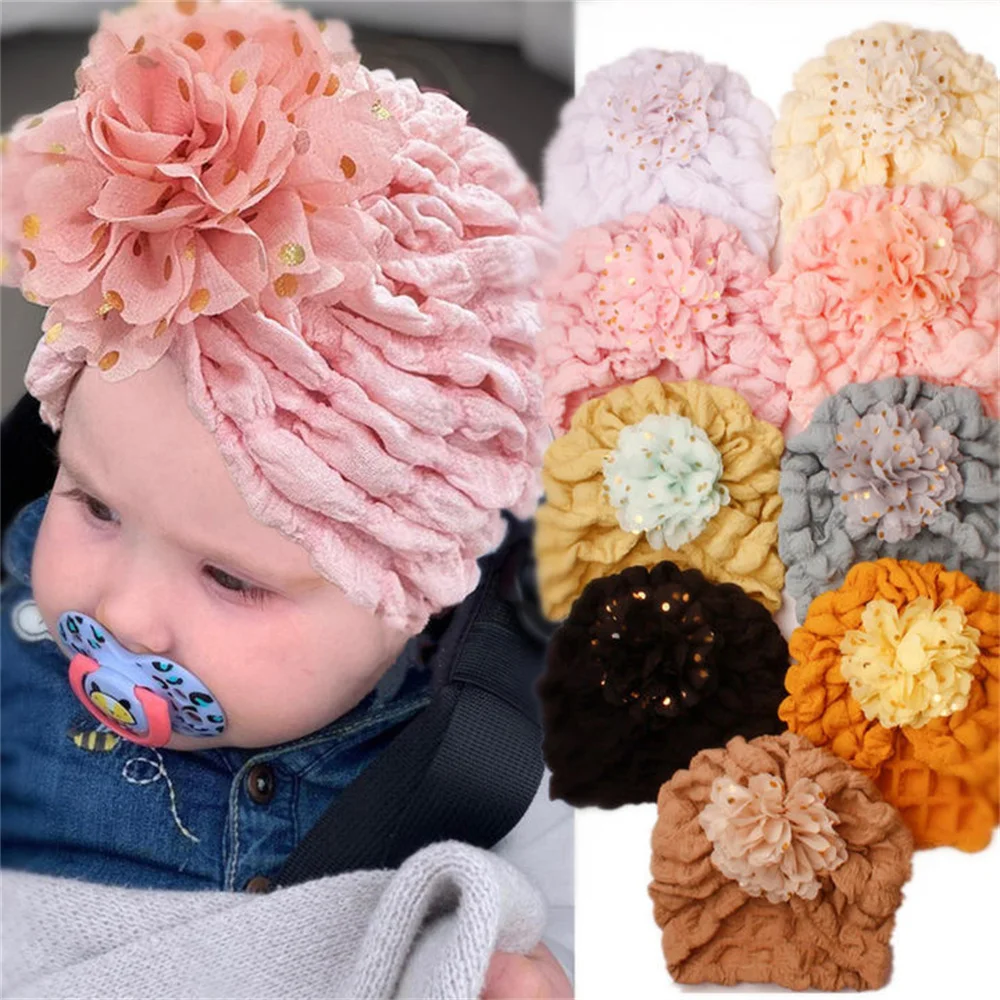 Infant Baby Girls Turban Cap, Shiny Crystal Beanie Hat Stretchy Bonnet Headwraps with Bow Knot 0-2Years