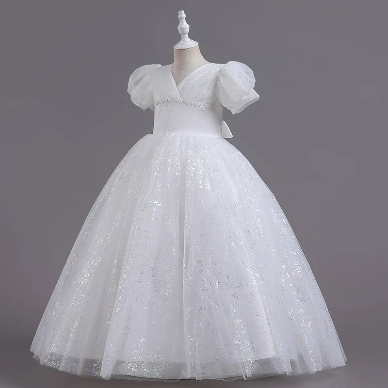 Children Long Wedding Dress Puffy Gauze Princess Bubble Sleeve Children Dress Girls Perfomance Birthday Dress