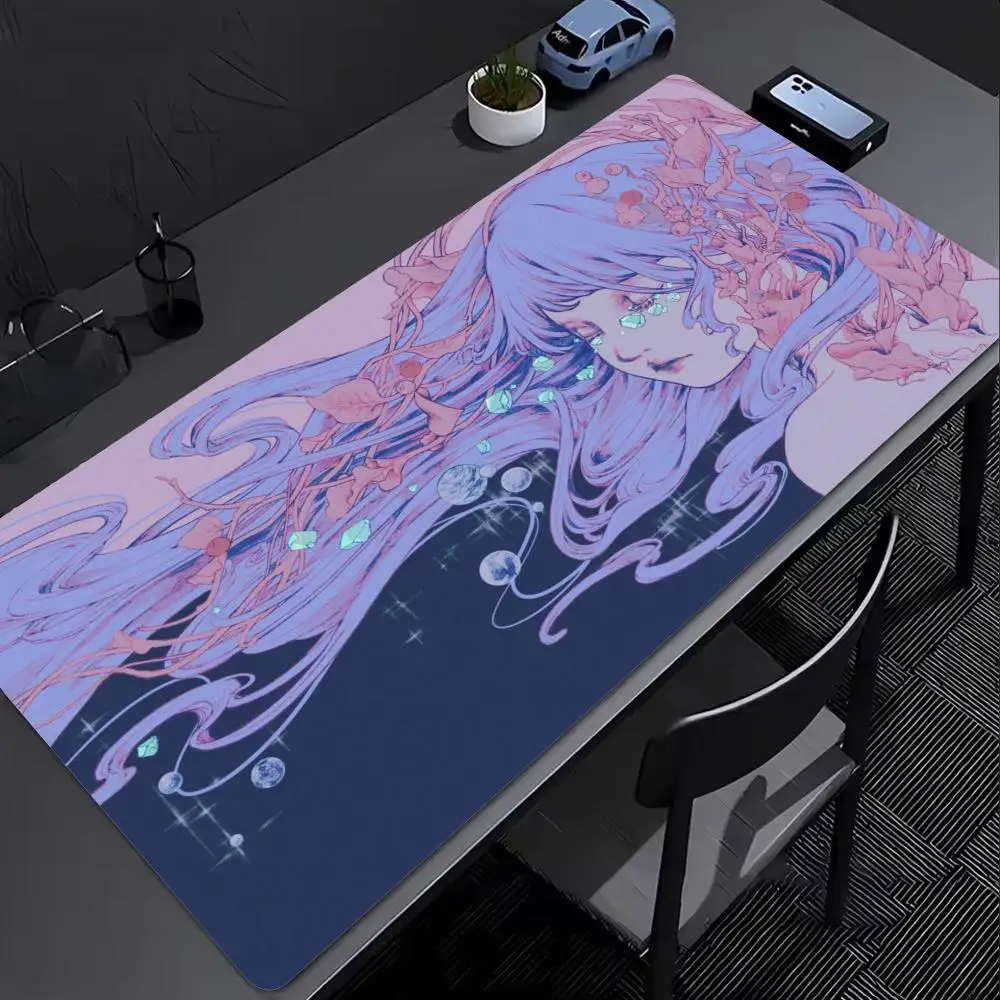 Large Mouse Pad Desk Mat Gaming Accessory Keyboard Pad Retro Anime Lady Eye Sunset Sea Pink Purple Art Non Slip Rubber Base