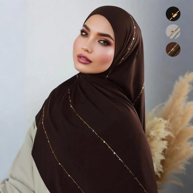 Women Cotton Jersey Hijab Scarf Glitter Shimmer Edge Shawl Women Soft Premium Jersey Hijab Turban Islam Solid Color Headscarf