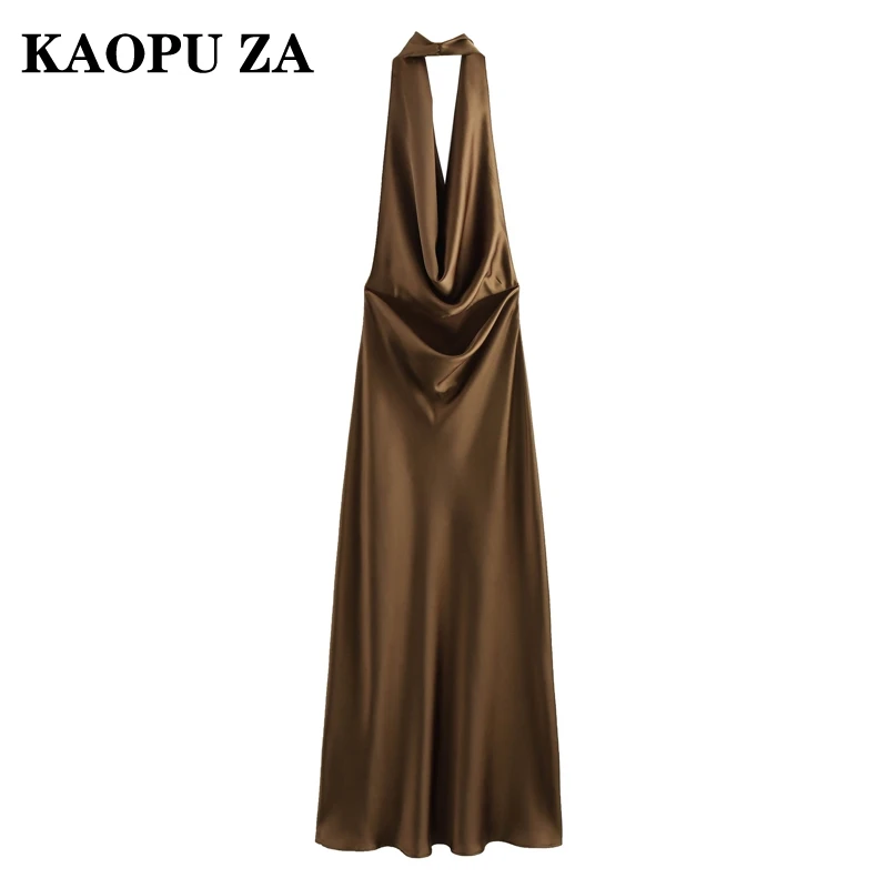 KAOPU ZA 2024 Sommer Frau Casual Einfarbig Ärmellose Satin Kleider Top Weibliche Mode Halter Kragen V-kragen Kleid Maxi Rock