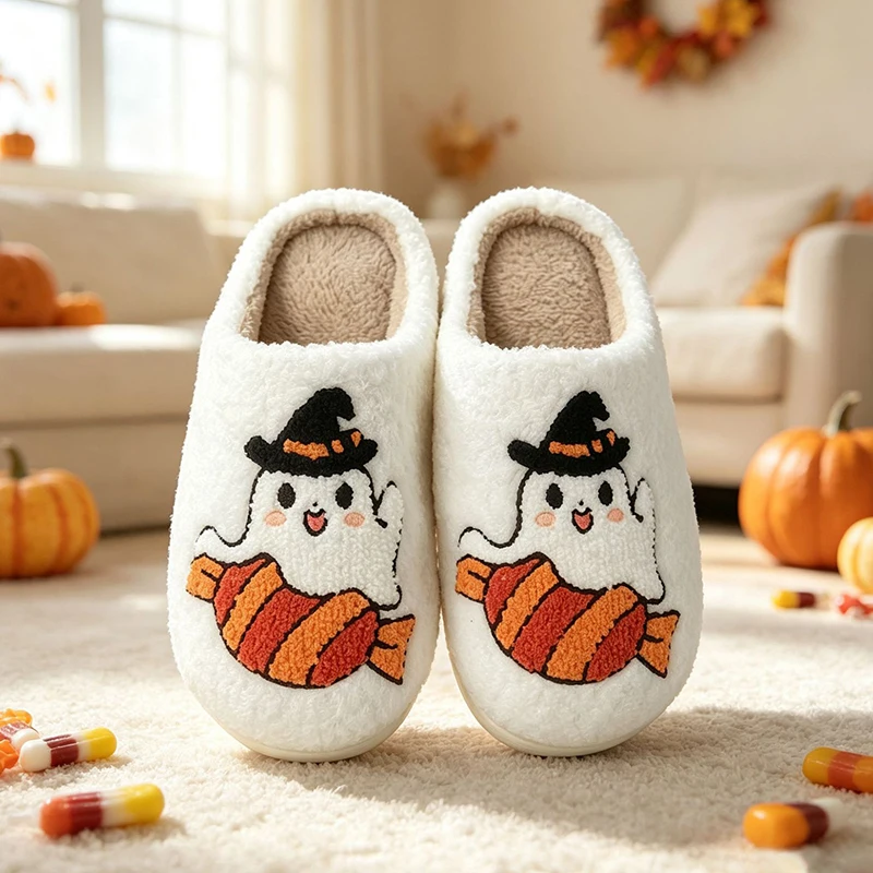 Halloween Fluffy Women Slippers Home Winter Plush Cartoon Spider Pumpkin Designer Shoes Girl Indoor Fuzzy Fur Slides Unisex Soft image 6