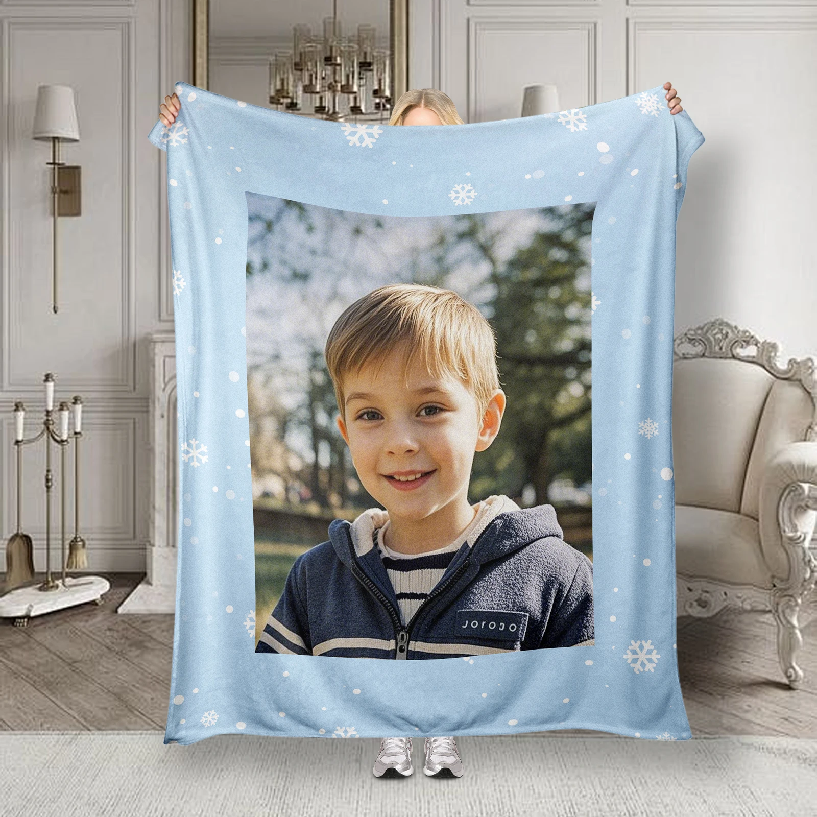 Porta-retratos de floco de neve azul C ﻿ Cobertores personalizados com imagens, passeio de primavera, feriado, aniversário, presente comemorativo engraçado para meu filho