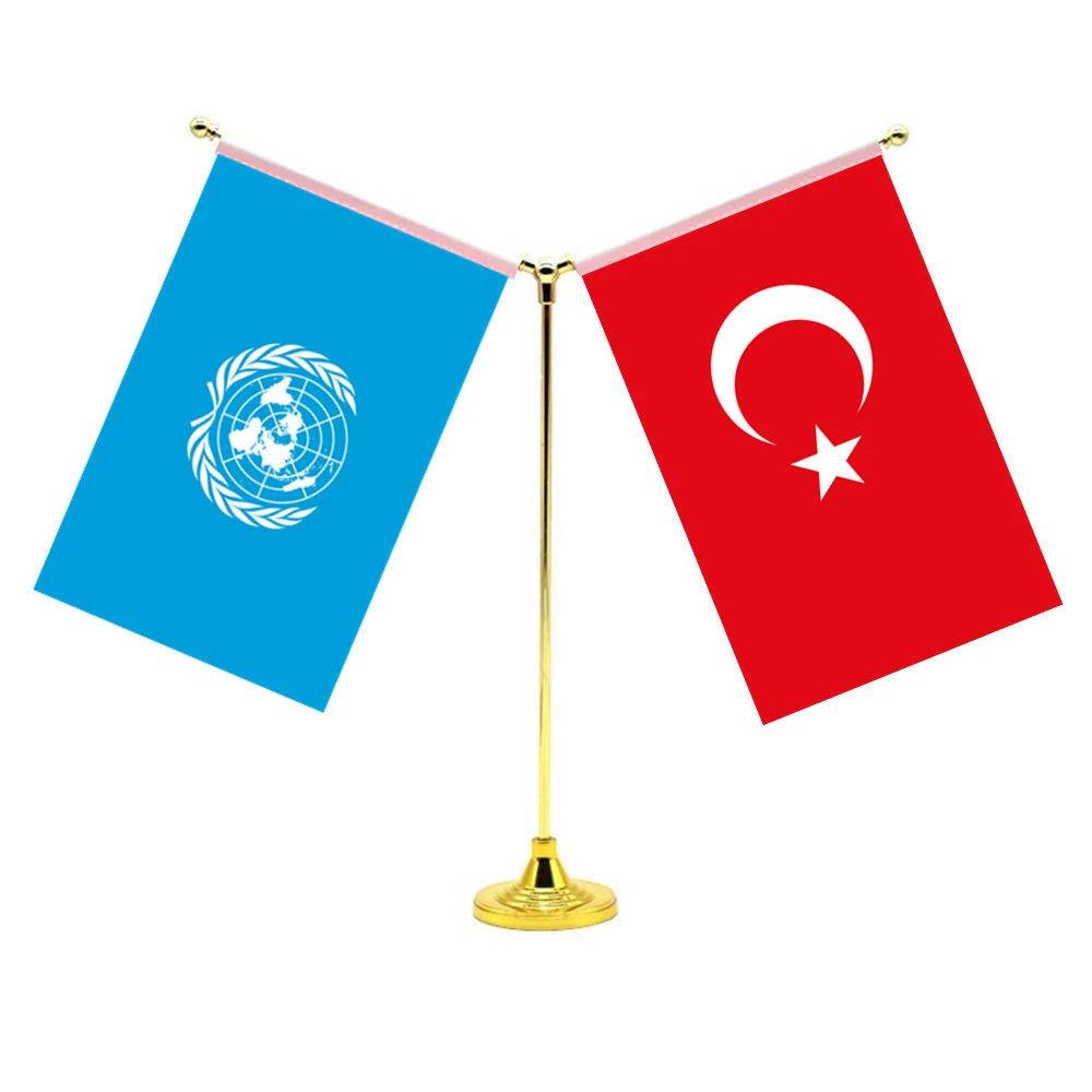 

14x21cm Mini Turkish Flag Office Decoration With Two Flags Of The United Nations And Turkey