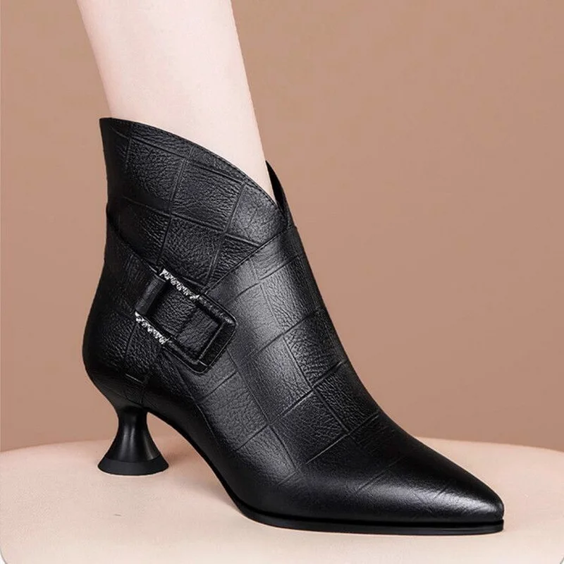 

Mid Heels Ankle Boots Women's Short Booties,Buckle Winter Shoes Botas Pointed Toe Slip On Black Dropship botas de shoes women