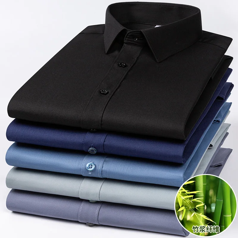 2026 Bamboo Fiber Long Sleeve Men Regular Fit  Microfiber Material Non-iron Professional Casual Dress Shirts Pure Colors