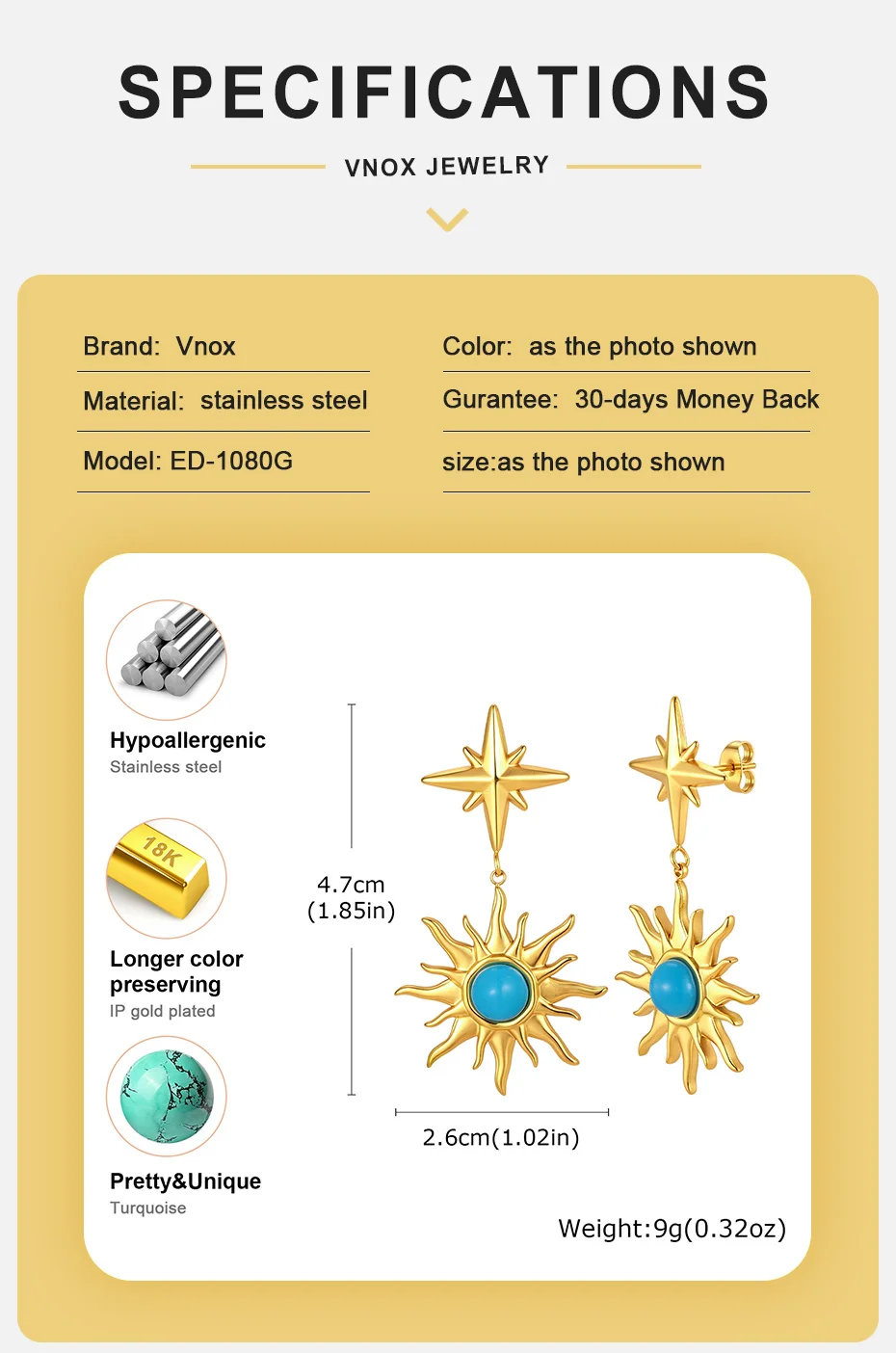 Vonx Sun Türkisfarbene Hängeohrringe für Damen, Edelstahl 18K vergoldet, lange Ketten-Quasten-Ohrringe, Boho-Strandschmuck – Detail 4