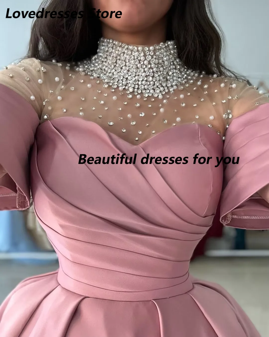 Customized Pink High Neck Beading Evening Dresses Short Sleeves Prom Dresses Pleated Long Party Dresses vestidos de novia