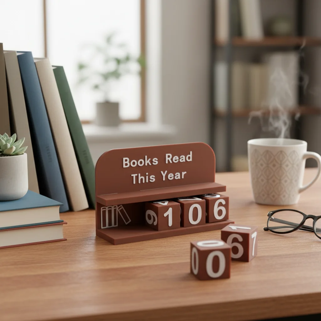 اقرأ هذا العام جهاز تعقب القراءة المطبوع ثلاثي الأبعاد مع نص واضح وأرقام لتزيين رف الكتب المكتبي