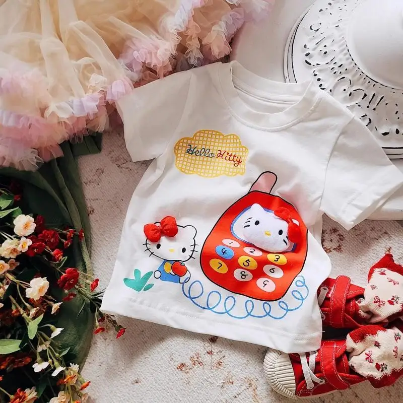 

Kawaii Sanrio Anime Short Sleeve Cute Kids 3D Hello Kitty Cartoon Simple Fashion Soft and Comfortable T-Shirt Gifts for Kids