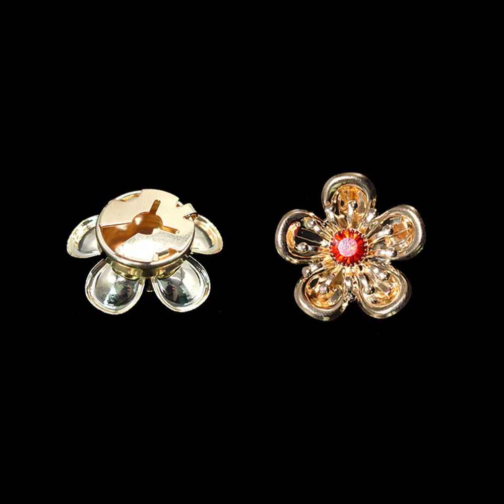10PCS Gold-Plated Flower Decorative Buttons Wavy Petal Red Gemstone Rhinestone for Shirt Cuff Dress