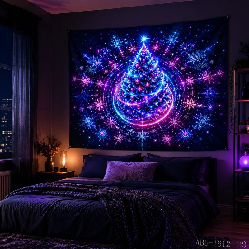 VIKAMA Neon Purple Blue Halo Tree Snowflake Burst Starry Radiant Ornament Cosmic Glow Christmas Tapestry Wall Hanging Bedroom