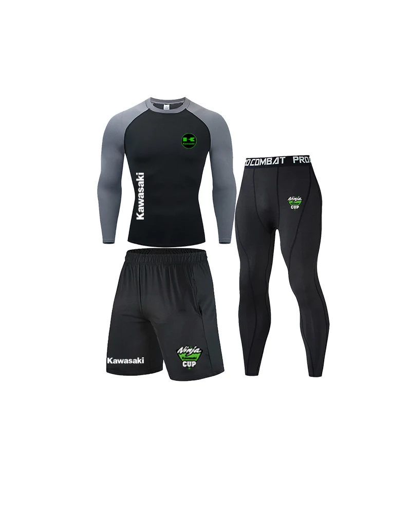 

Men's cycling suit three piece set, quick drying long sleeved men's tight fitting clothing, running sportswear, Kawasaki motorcy