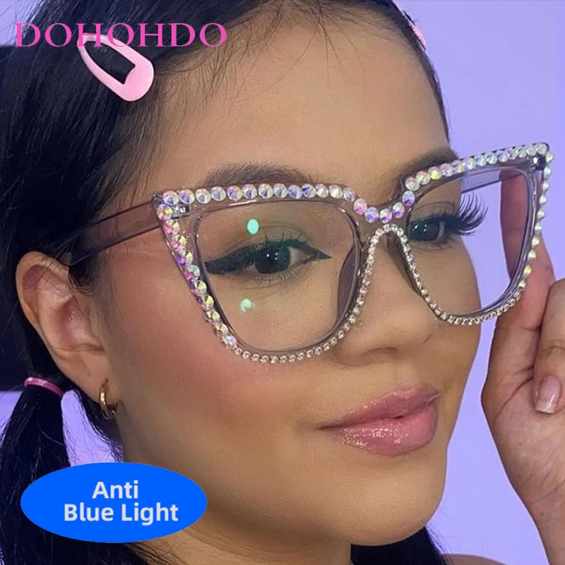 

Luxury Rhinestone Decorate Big Cat Eye Optical Women's Glasses Fashion Design Men Play Computer Anti-Blue Light Eyewear Lentes