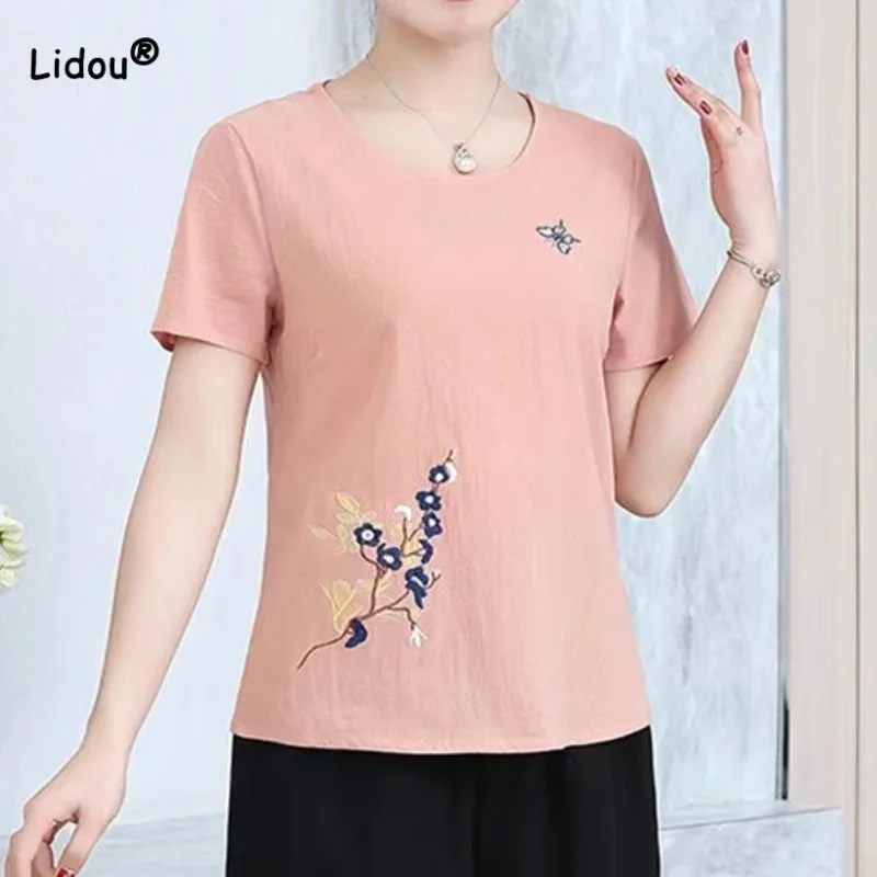 

Vintage Solid Color Casual Embroidery T-shirt Women's Clothing Summer Fashion All-match Round Neck Short Sleeve Tops for Female