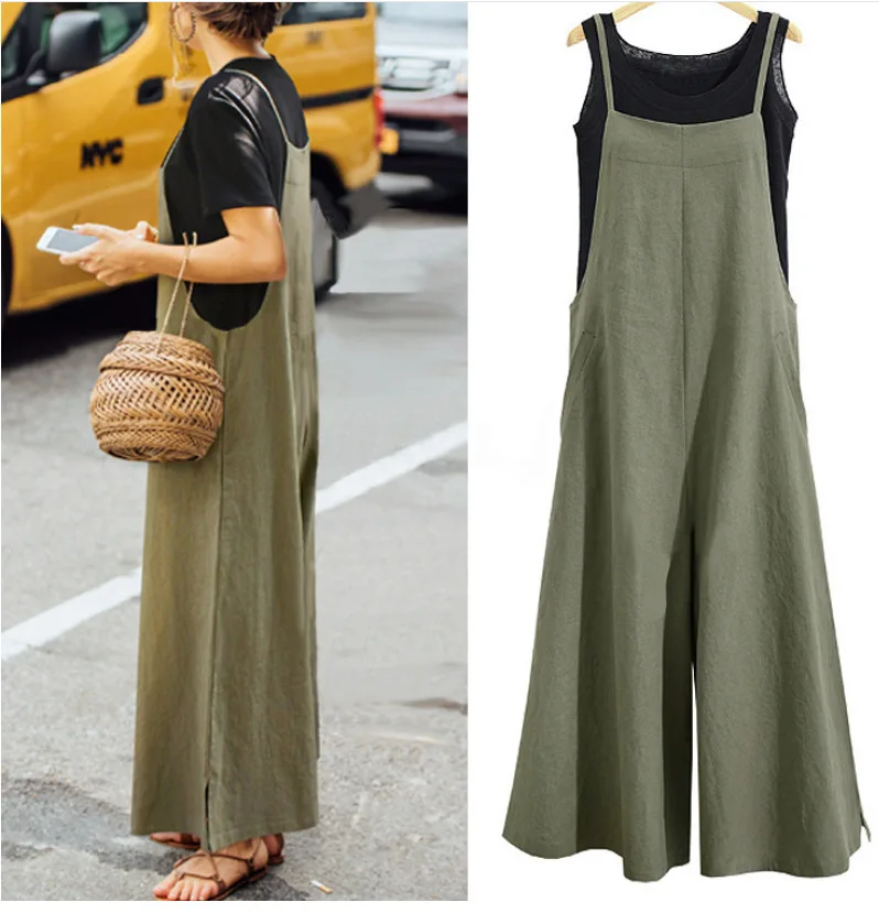 Jumpsuit wanita panjang polos Suspender, Jumpsuit wanita Linen katun pinggang tinggi kasual, Jumpsuit saku kancing lurus, rok longgar