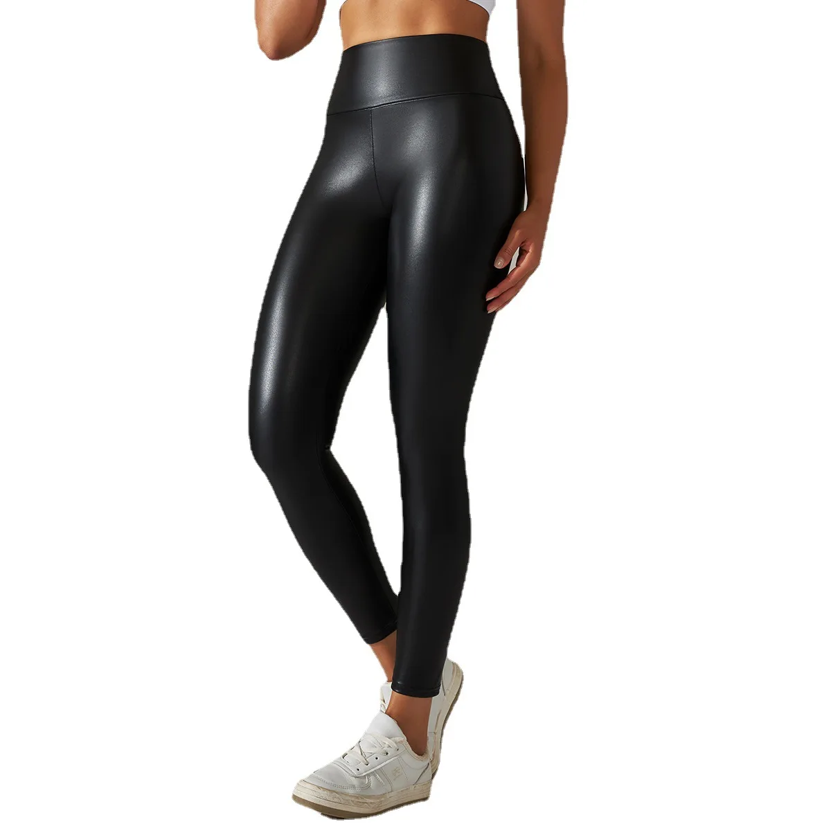 New Europe and the United States elastic PU leather pants female color high-waisted tight outside wearing yoga bottoming pants