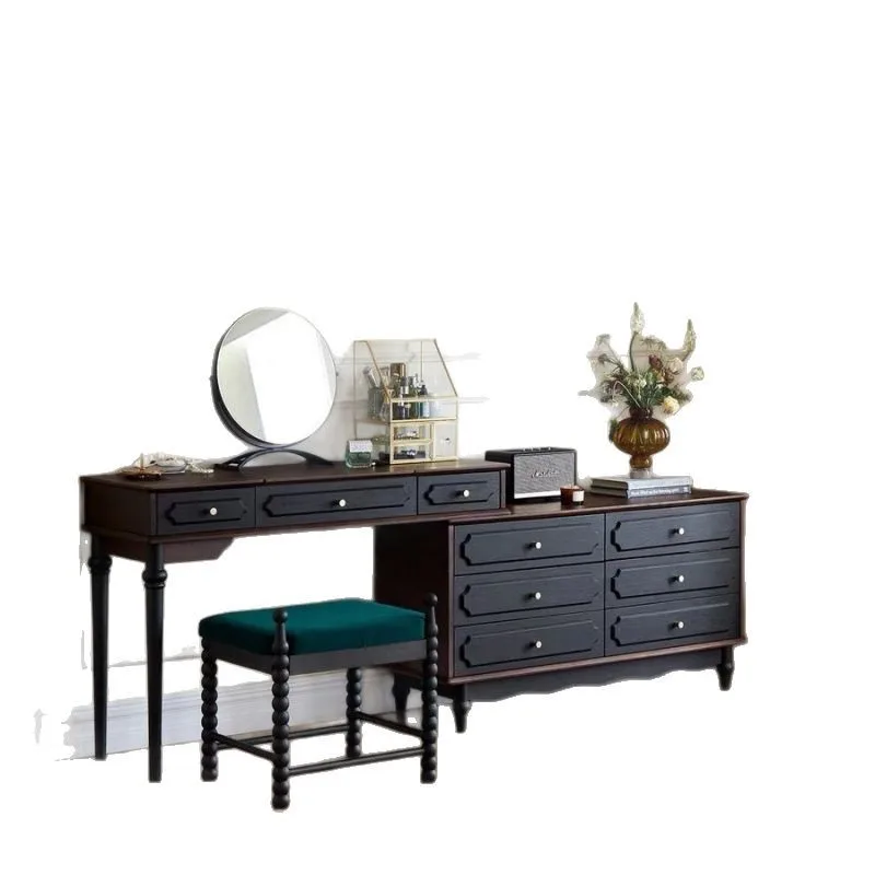 

French retro solid wood bed end dressing table, integrated American bedroom cabinet, black storage flip cover dressing table