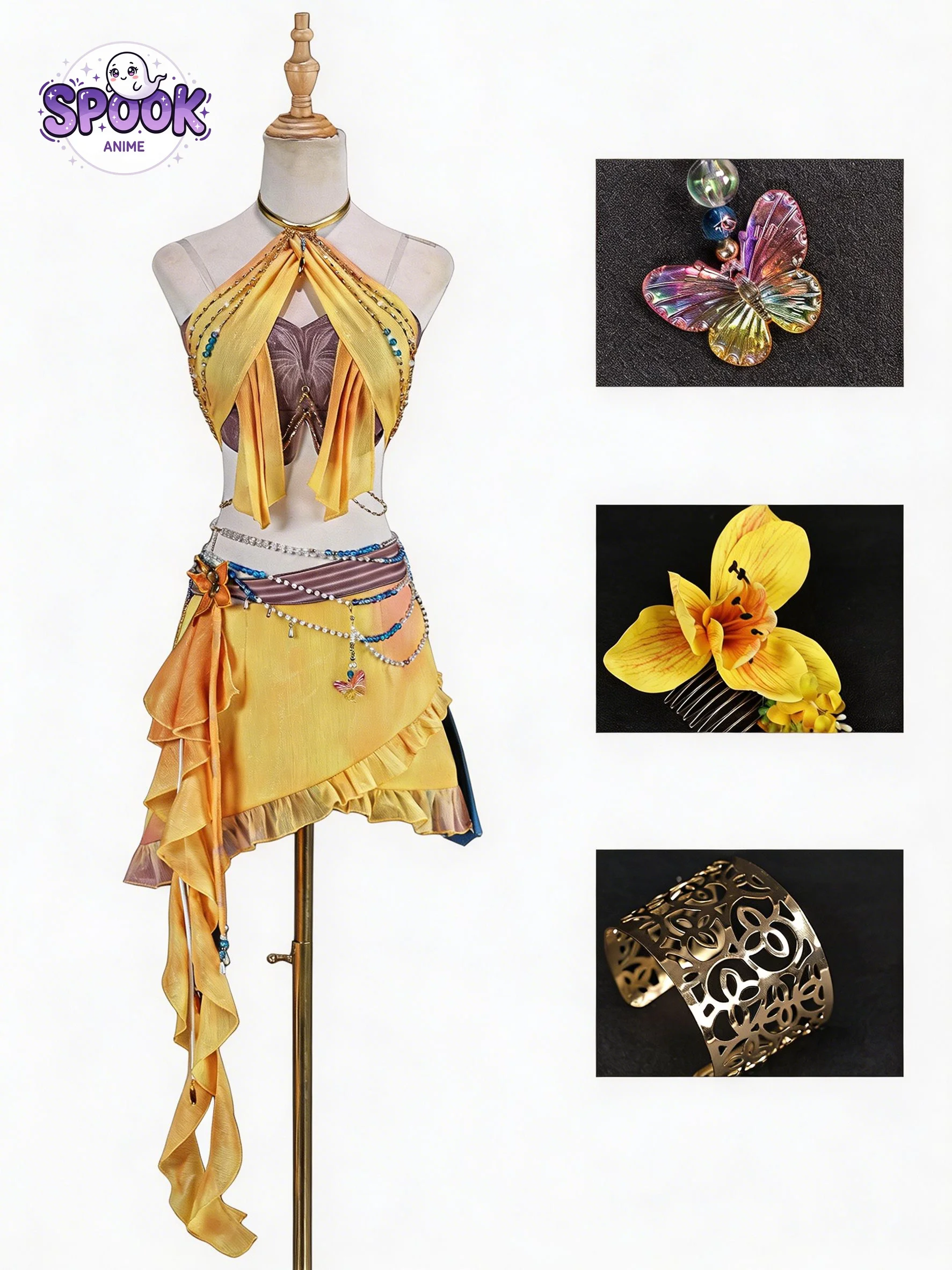 Yellow Swimsuit Outfit Caleb Love and Deepspace Butterfly Scenery Spring Cosplay Costume Full Set for Women Halloween Convention