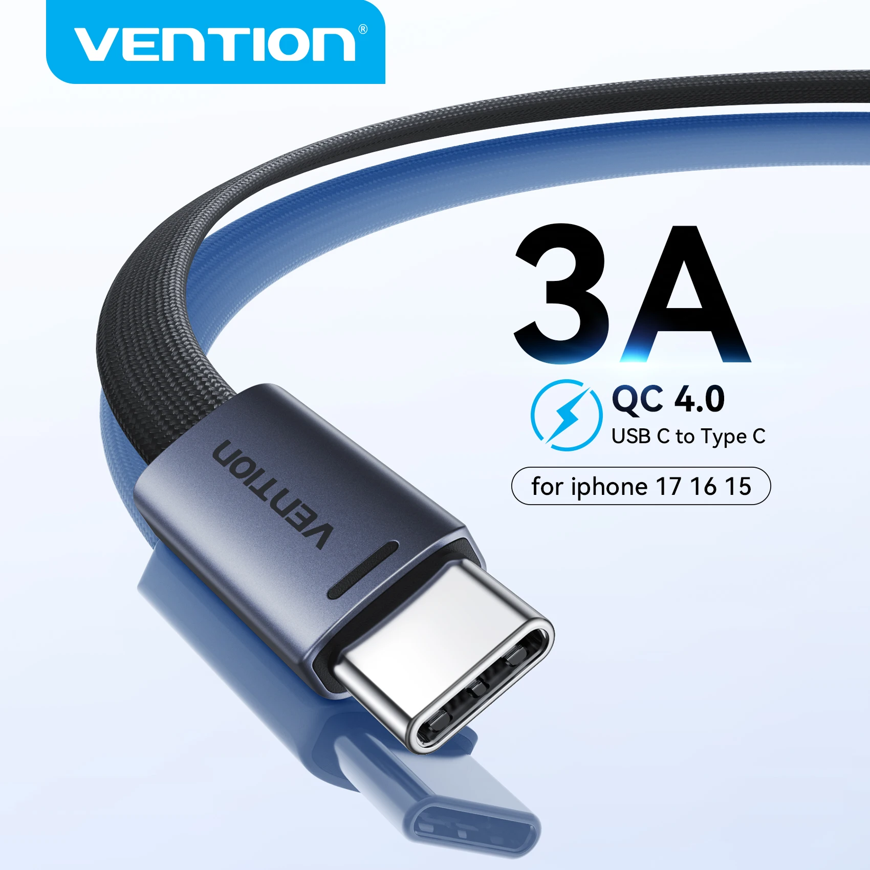 Vention USB-C auf Typ-C Kabel 3A Ultra-Dünn PD60W Schnellladekabel Typ-C Kabel für iPhone 17 16 15 Samsung S24 Xiaomi 17