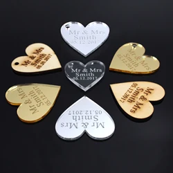 50 Pcs Personalized Name Label Engraved Love Heart Mirror Acrylic  Wedding Baby Baptism Table Party Decoration Custome Gift Tag