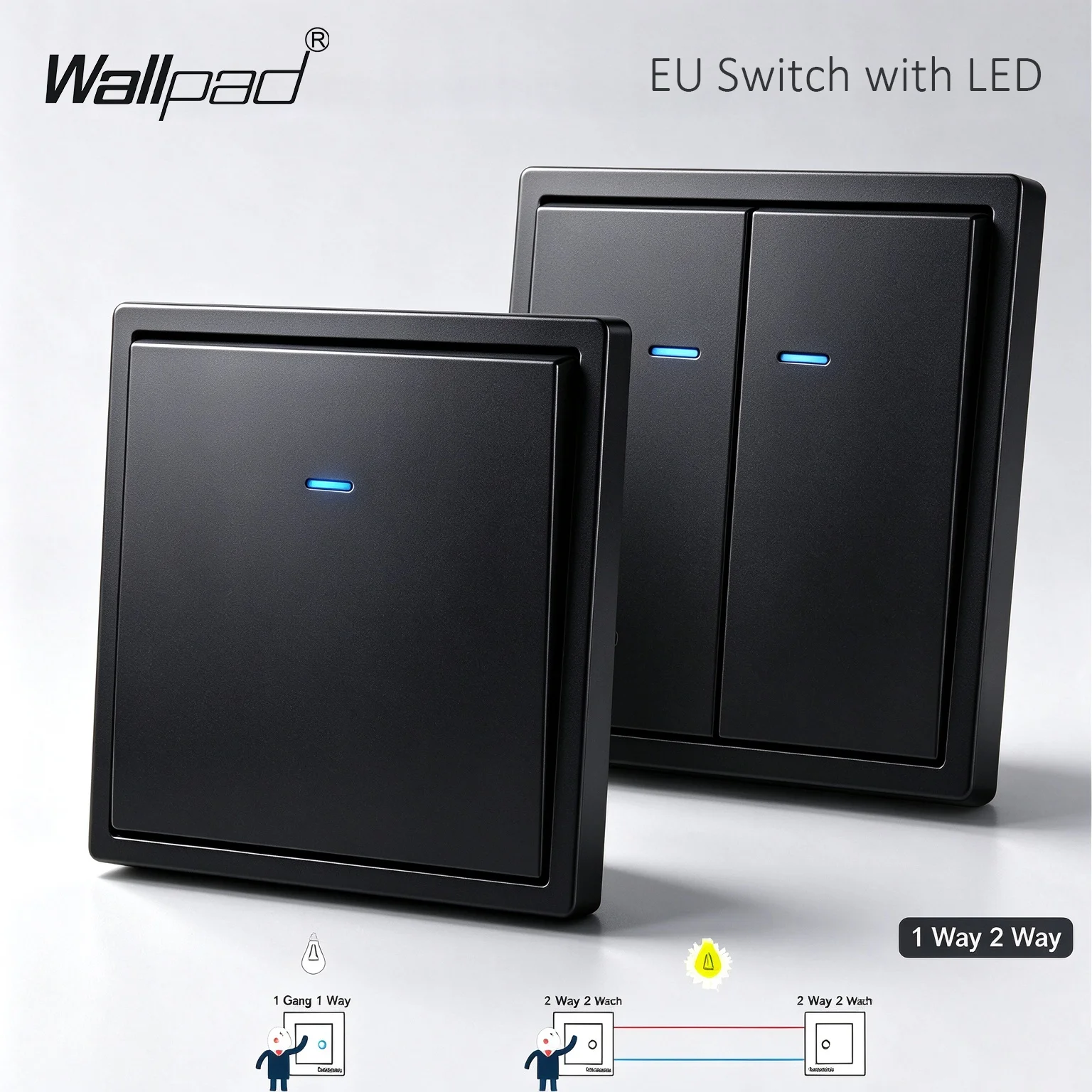 EU Standard 80mm Fireproof PC Panel Wall Light Switch,1/2 Gang 2 Way On Off Rocker Switch with LED Indicator,Stair Pass Switch