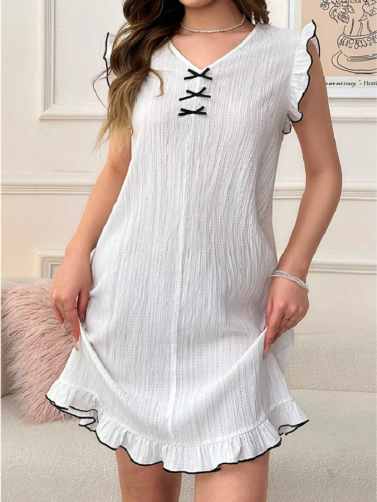 Women's Elegant Solid Color Bow Ruffle Hem Bubble Sleeve Nightdress