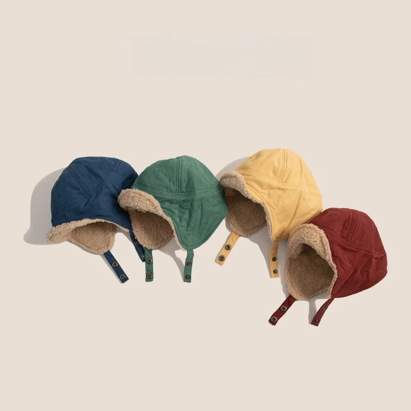 

Children Lamb Wool Lined Ear Flap Hats Kids Girls Boys Adjustable Strap Warm Winter Daily Outdoor Headwear Toddler Kids Cozy Cap