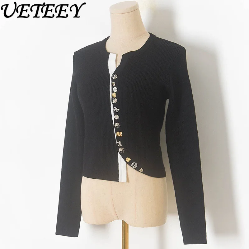 Outono inverno novo botão cor-bloco manga longa camisola de malha moda elegante feminino fino ajuste versátil curto cardigan