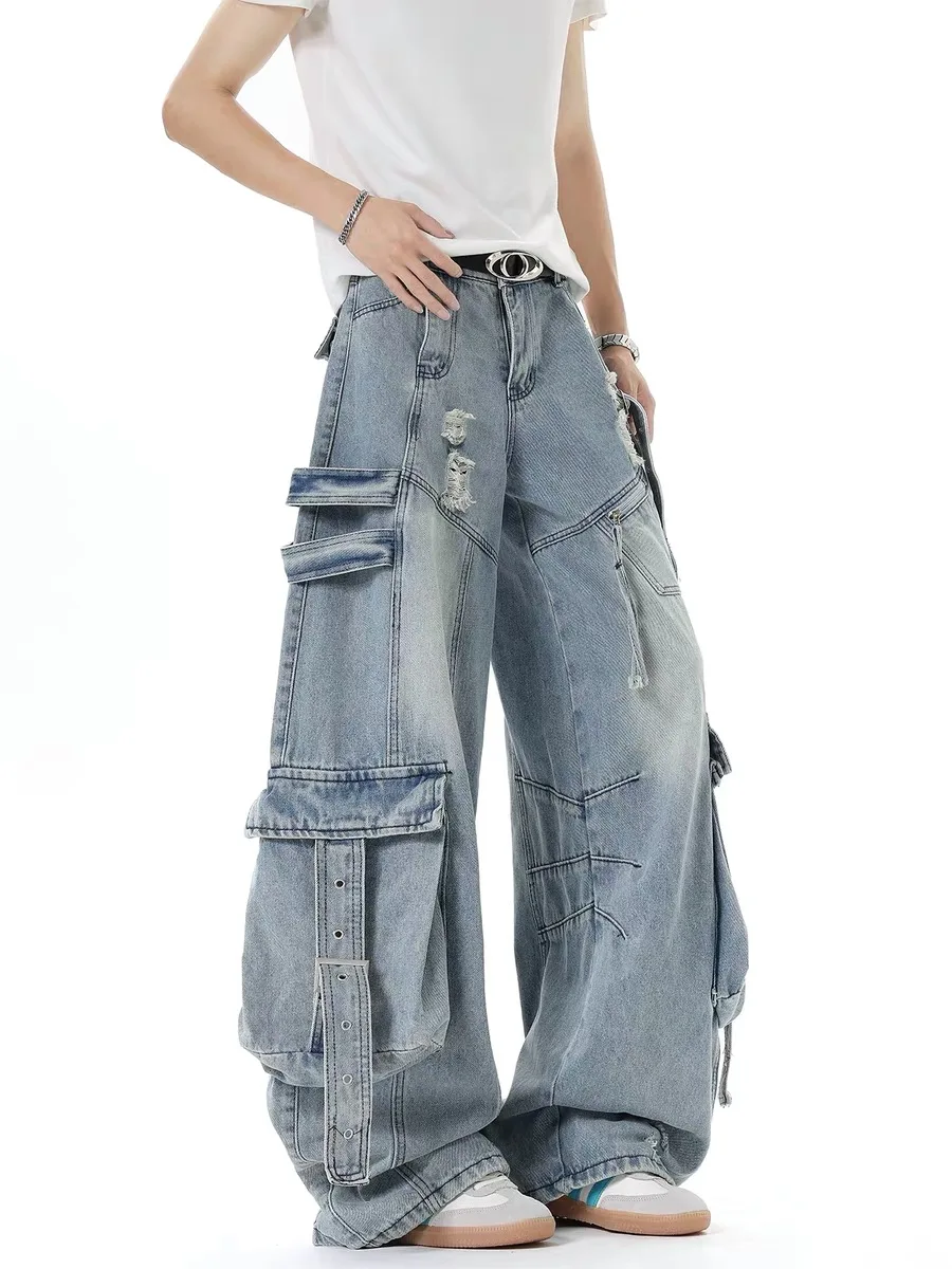 Black Deconstructed Sash Workwear Denim Jeans Women's American Heavyweight Trendy High Street Large Pocket Loose Hole Long Pants