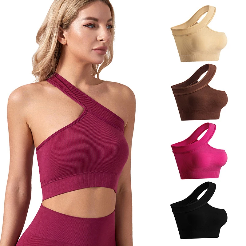 Oblique Shoulder Women Bra Seamless Sports Underwear Without Pad Slim Ribbed Crop Top Simple Elastic Fitness Vest Casual