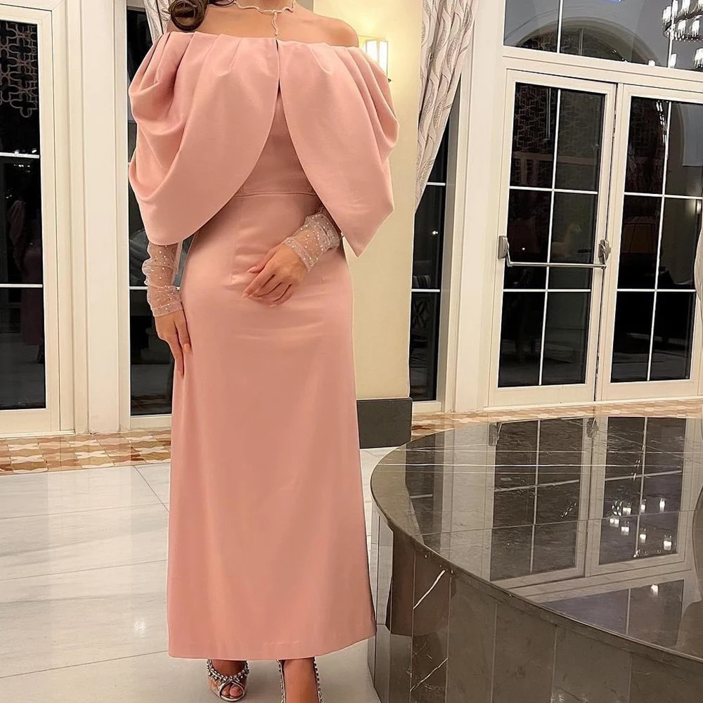 Customized Jersey Straight Off the Shoulder Crystal Evening Dress Boat Neck Long Sleeves Floor Length Photo Color Delicate